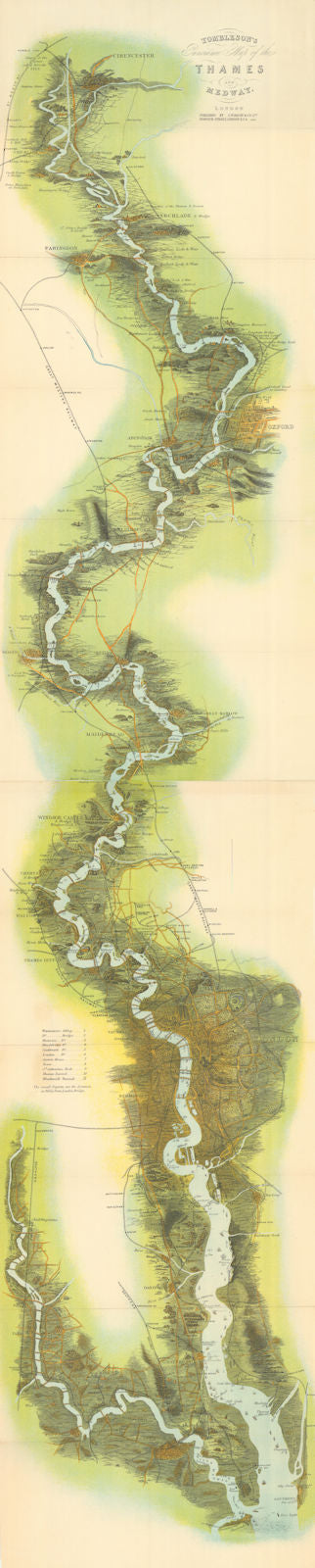 Tombleson's Panoramic Map of the Thames and Medway. 130x26cm. Bacon c1919